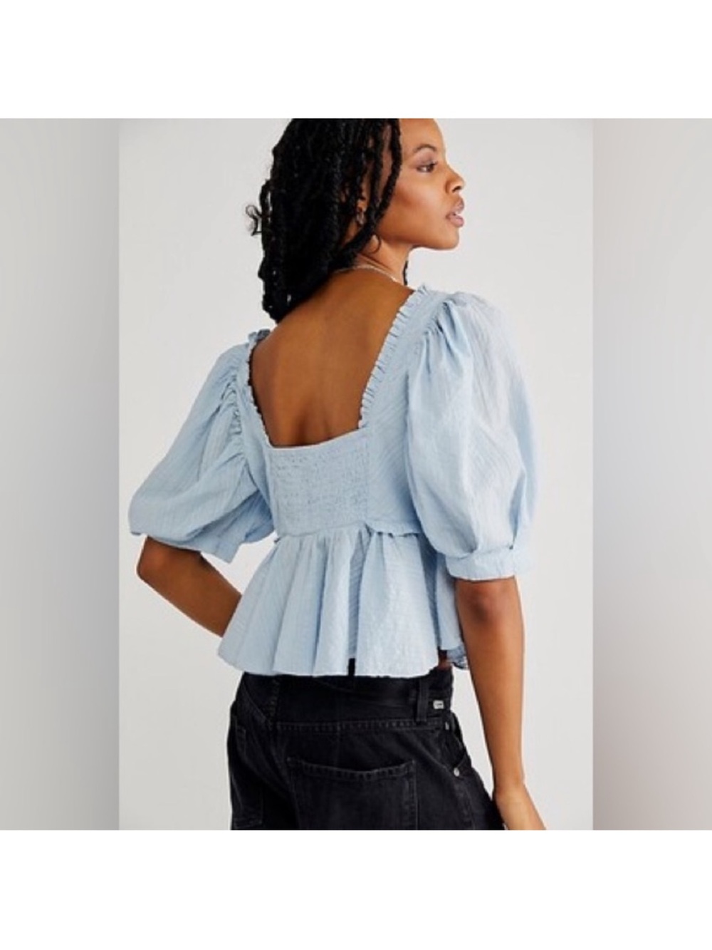 Free People Leave It To Me Babydoll Crop Square Neck Top Blue Tan size Small - Picture 2 of 7